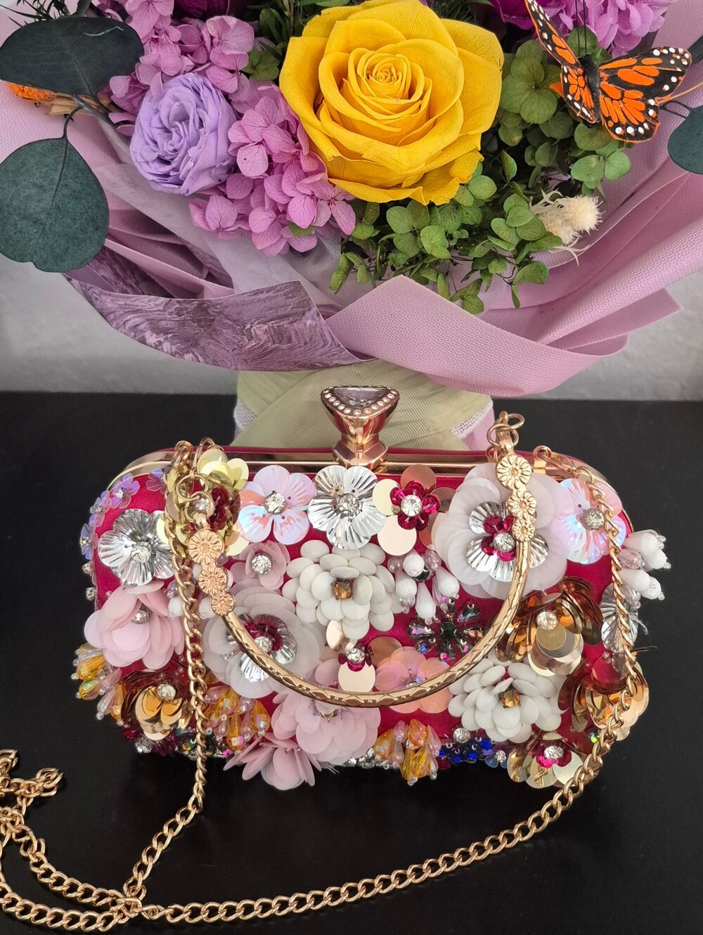 Pink Embellished Evening Bag. Gold Crossbody Chain & Beautiful Etched Handle!